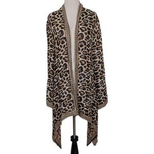 Chicos 2 Leopard Print Cardigan Womens Size Large Brown Jaquard Open Sweater